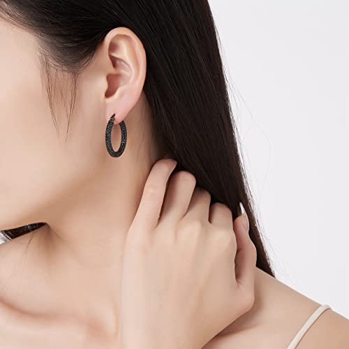 925 Sterling Silver Post Hoop Earrings For Women Gilrs Black Cubic Zirconia Chunky Black Hoop Earrings Weinuo Jewelry #TOP2