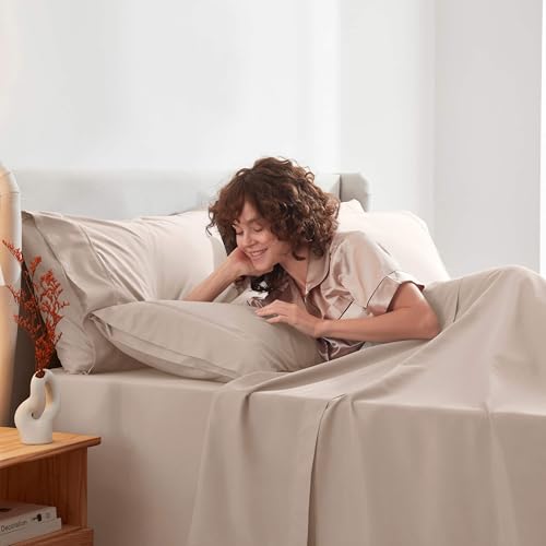 Image of Nestl Extra Deep Full Sheet Set - 6 Piece Breathable & Cooling Sheets - Hotel Luxury Bedding Set w /18-24 Inch Deep Pockets - Easy & Secure Fit - Super Soft, Wrinkle Free & Comfy - Beige Cream