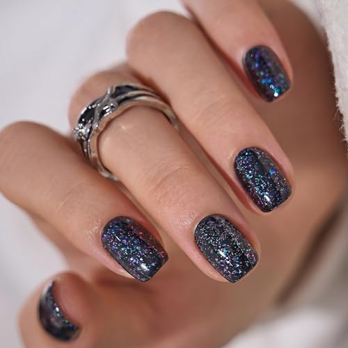 Image of CurvLife Soft Gel Squoval Press-On Nails Short, Reusable Fake Nails with Glue & Adhesive Tabs, 30PCS Salon-Quality Stick-On Nails for At-Home Manicure (Midnight Prism)