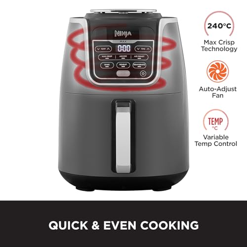 Ninja Air Fryer MAX, 5.2L, 6-in-1, Uses No Oil, Air Fry, Max Crisp, Roast, Bake, Reheat, Dehydrate, Family Size, Digital, Cook From Frozen, Non-Stick, Dishwasher Safe Basket, Grey & Black, AF160UK