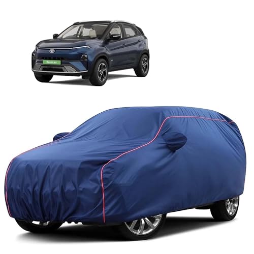 Image of Sulfar 100% Water Resistant Car Body Cover Compatible with Mirror for Tata Nexon EV (Triple Stitched, Full Bottom Elastic, Blue Tafetta with Red Piping)