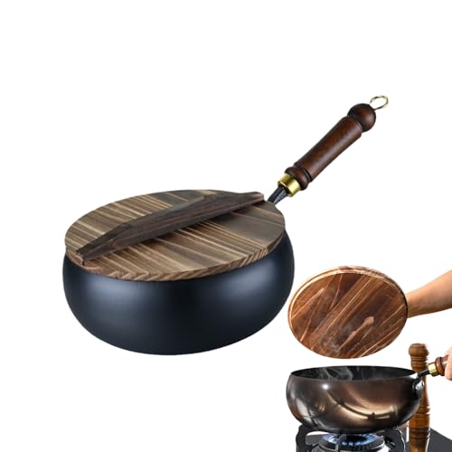 Sartén wok de hierro fundido para inducción parrilla wok mango fundido hierro wok sartén para inducción y cocina eléctrica, sartén wok antiadherente resistente al calor utensilios de cocina de hierro