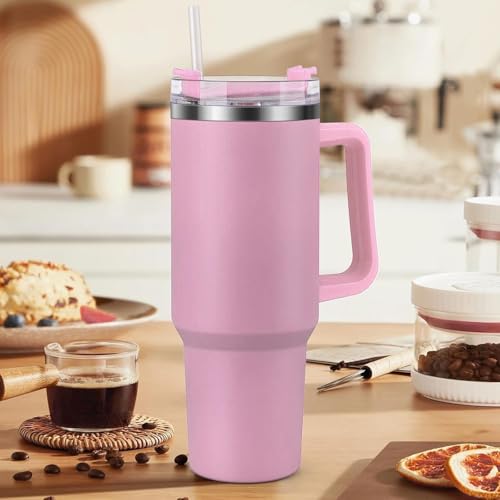 Image of Zephorus Personalized Stainless Steel Tumbler with Handle, 1200ml Capacity, Black Insulated Travel Mug with Straw, Custom Name Design (Pink)