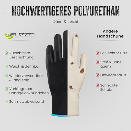 FUZZIO 12 Paar Arbeitshandschuhe Herren Gr 9, Mechaniker Handschuhe, Gartenhandschuhe Herren, Arbeitshandschuhe Damen, Montagehandschuhe, Polyurethan Beschichtung mit Handschuhclip