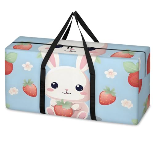 Strawberry Rabbit Extra Large Moving Bags Heavy Duty Storage Bags Cloth Wrap Around Handles Double Zipper Reusable Convenient Foldable Storage Tote for Travel Camping Space Save
