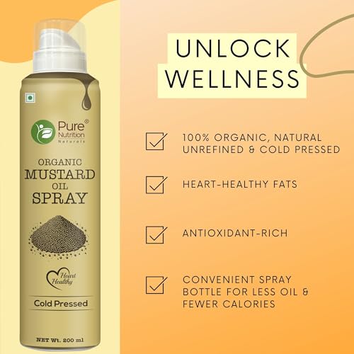 Image of Pure Nutrition Organic Mustard Oil Spray - 200ml | 100% Pure, Natural & Cold-Pressed | Cook Healthy with 10X Less Oil | Ideal for Sauteing & Grilling | Supports Heart Health | Naturally Cholesterol-Free & Rich in Omega-3