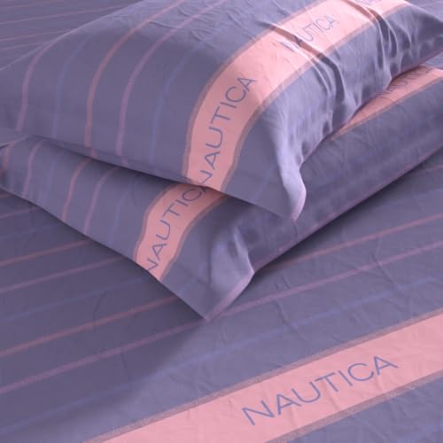 Image of NAUTICA Cotton King Bedsheet with 2 Pillow Covers -3pc Set (noridge) | 160TC | Super Soft Touch Stripe-Purple /Pink