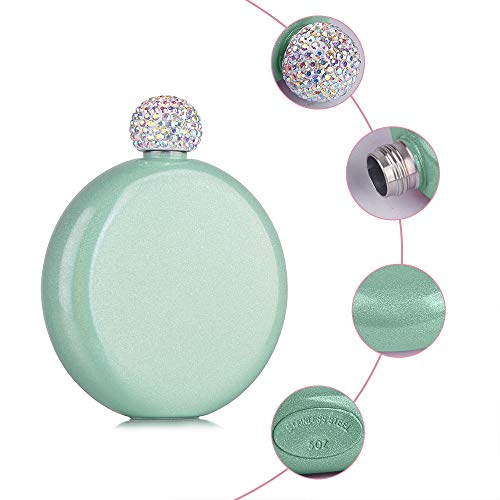 Round Hip Flask For Lady With Rhinestone Cap, Lovely Drink Flasks,Glitter Coating,Portable Whiskey Flask For Club Party And Evening,Capacity 5 Oz (Green) #TOP2