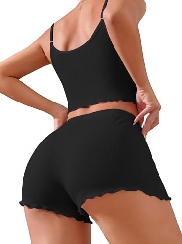 Image of Hilinker Women's 2 Piece Sexy Pajama Set Ribbed Cami Top and Shorts Sleepwear Cute Pjs Solid Black Medium