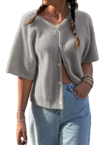 Women Crop Knit Cardigan Casual Short Sleeve Button Down Crewneck Sweater Going Out Tops