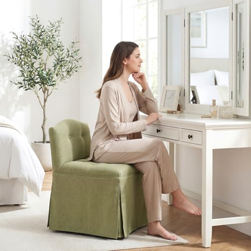 DM Furniture Green Tufted Makeup Vanity Chair with Wheels, Small Upholstered Skirted Slipper Accent Chair with Low Back & Metal Legs, Armless Rolling Vanity Stool Desk Chair for Living Room Bedroom - Thumbnail 5
