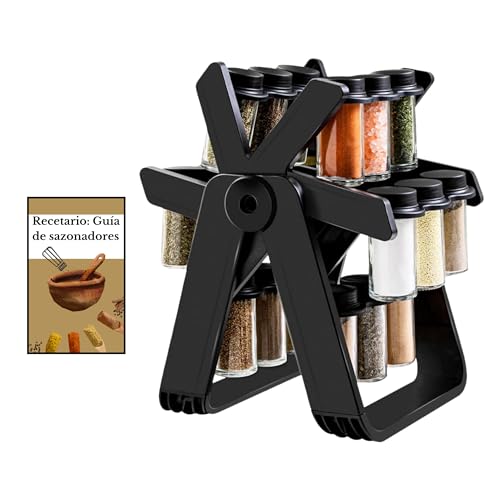 JOCH, Especiero para Cocina, Organizador Especias Giratorio 360º, Incluye 18 botes cristal, Guía de Sazonadores PDF, recetas ebook, Organizador de Especias Extraible, Condimentos Organizador