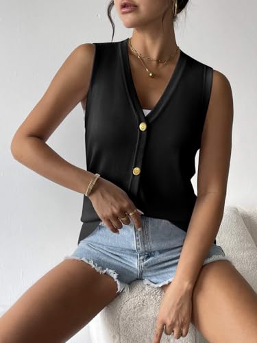 Image of Zeagoo Womens Sleeveless Sweater Trendy Knit Vest Striped Tank Tops 2025 V Neck Button Down Shirts Blouse Outfits Black XX-Large