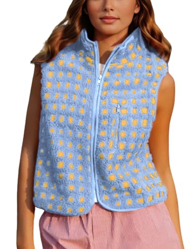 PUWEI Women's Checkered Sherpa Vest Sleeveless Zip Up Fleece Top