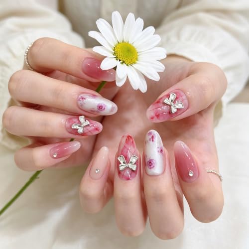 Image of 30 Pcs Nail Extensions For Women, Press On Nails Kit With Pink Rose Dyeing Bow Design, Oval Shape Artificial Nails In 15 Sizes, Reusable Nail Tips For Special Occasions