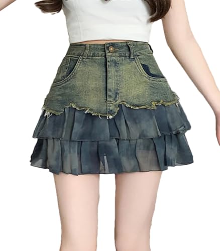 Women’S Patchwork A-Line Mini Denim Skirts Vintage High Waist Casual Ruffle Jean Skirt