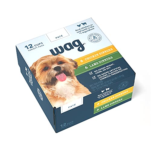 Amazon Brand – Wag Wet Dog Food Cups, Variety Packs Chicken & Lamb Pate, 3.5oz (12 Pack)