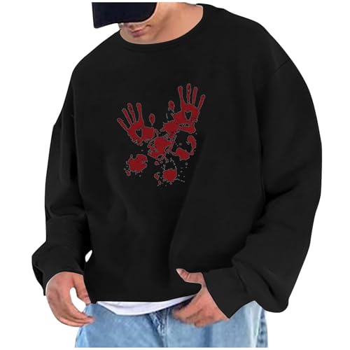 Generisch Prime to Day 2024 Angebote Halloween Kostüm Herren Blutflecken Handabdruck Pullover Langarm Sweatshirt Ohne Kapuze Modisch Festliche Fleecepullover Locker Rundhals Fleecepulli Karneval