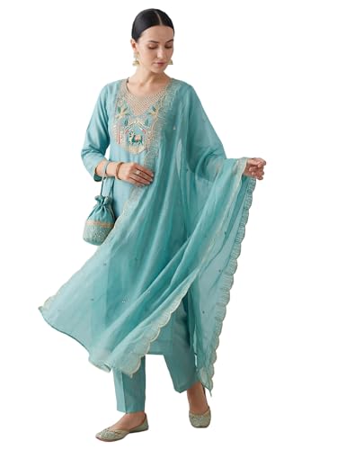 Image of INDO ERA Women's Silk Blend Embroidered Straight Kurta & Pant with Dupatta Set | Kurta Set With Dupatta For Women