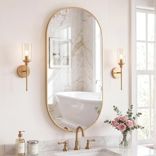 Image of Sweetcrispy 24 inch x 48 inch Gold Bathroom Mirror for Wall, Oval Wall Mirror with Metal Frame, Tempered Glass, Modern Vanity Mirror for Over Sink, Living Room, Bedroom, Entryway, Horizontal or Vertical