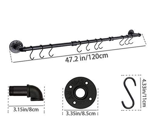 47.2 Inch Pot Rack Wall Mounted Pans Hanging Organizer Rail Kitchen Lids Utensils Holder Cup Hanger Bar Multi Functional Detachable Industrial Pipe Pot Rack Under Cabinet, 10 S Hooks,Black #TOP5