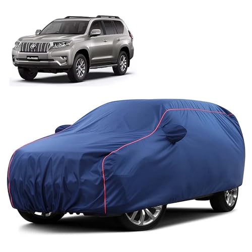 Image of Sulfar 100% Water Resistant Car Body Cover Compatible with Mirror for Toyota Land Cruiser Prado (Triple Stitched, Full Bottom Elastic, Blue Taffeta with Red Piping)