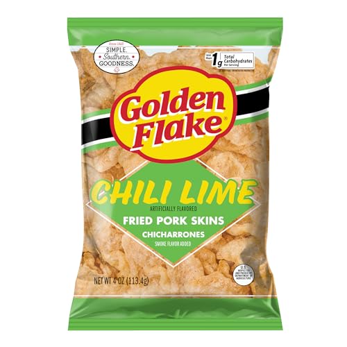 Golden Flake Chili Lime Pork Rinds, 4 oz Bags (Pack of 12) â€“ Tangy Spicy Pork Skins â€“ Gluten-Free, Low Carb, Keto Snack with Bold Southern Flavor