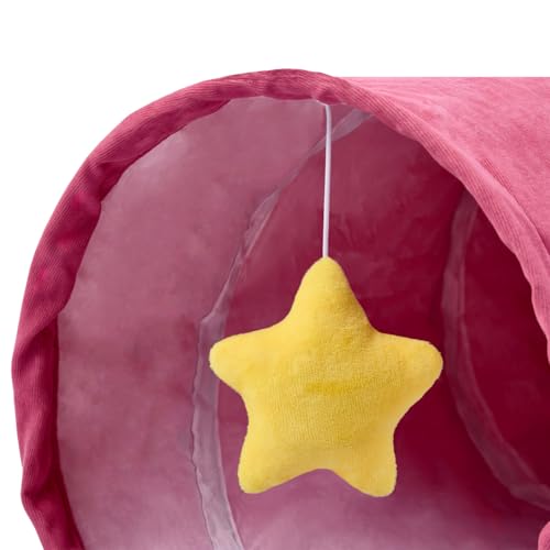 Image of Cat Tunnel, Large Indoor Durable Collapsible Interactive Cat Tube with Peek-A-Boo Hole, Hanging Toys, and Crinkly Paper Lining - Cute Tunnel for Cats, Kittens, Puppies & Rabbits, Pink