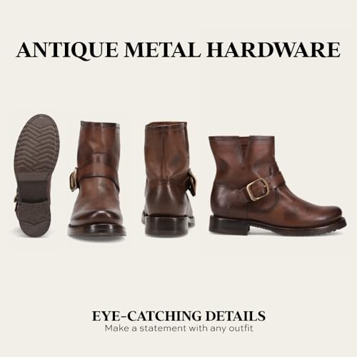 Image of Frye 5 inch Veronica Booties for Women - Full-Grain Brush-Off Leather with Antique Metal Hardware and Rubber Outsole, Genuine Stitch Welt Construction