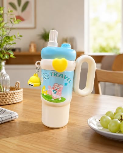 Image of Fancy Kitchen Cartoon Kids Tumbler - 850ml Stainless Steel Double-Walled Travel Mug - Leak-Proof, BPA-Free with Straw - Perfect for School & Outdoor Use. (Travel Blue)