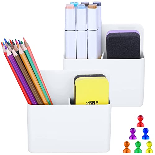 Antner 2 Pack Magnetic Dry Erase Marker Holders with Magnetic Push Pins, Dry Erase and Pen Storage Organizers for Whiteboard, Refrigerator, Metal Locker and Cabinets, White