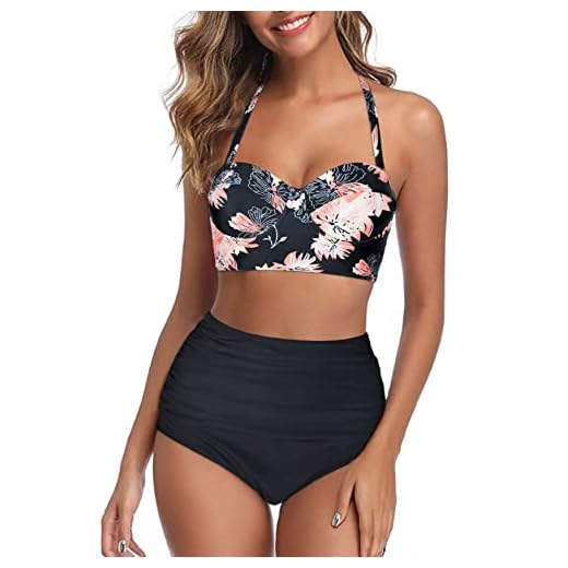 Octopus Trendiger Damen Bügel Bikini 2tlg. Bademode Set High Waist Slip f5517 Farbe: B22(1448)-S11(sw) Bikini Oberteil Geblümt (1448), Slip Schwarz, Gr. L