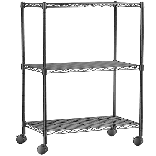 Klyvvo Metall Regal mit Rollen auf 3 Regalböden, Metallregal mit Rollen Vorratsregal Höhenverstellbaren Einlegeböden für Küche,Badezimmer,Garage,Gewächshaus,Vorratskammer, Maximalgewicht 150kg,Schwarz