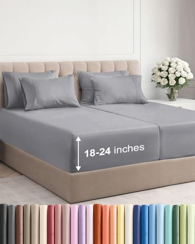 Image of Extra Deep Split King Sheet Set - 7 Piece Breathable & Cooling - Steel Blue | Hotel Luxury Bed Sheets Set, Easy & Secure Fit, Ultra-Soft, Wrinkle & Fade Free, Comfy Sheets Set with Extra Deep Pockets