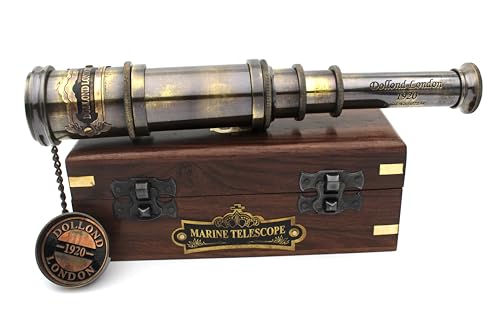 Vintage Nautical Handheld Brass Telescope with Wood Box - Nautical Captain Spyglass Telescope