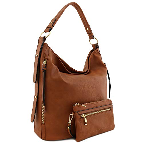 2pc Set Faux Leather Large Hobo Bag with Pouch Purse (Tan)