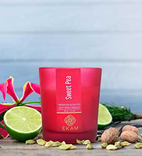 Image of EKAM Sweet Pea Votive Soy Wax Scented Candle, 40 Grams, 10 Hours Burn Time| Long Lasting Premium Candles | Ideal for Home Decor | Gifting & Aromatherapy (Pack of 9)