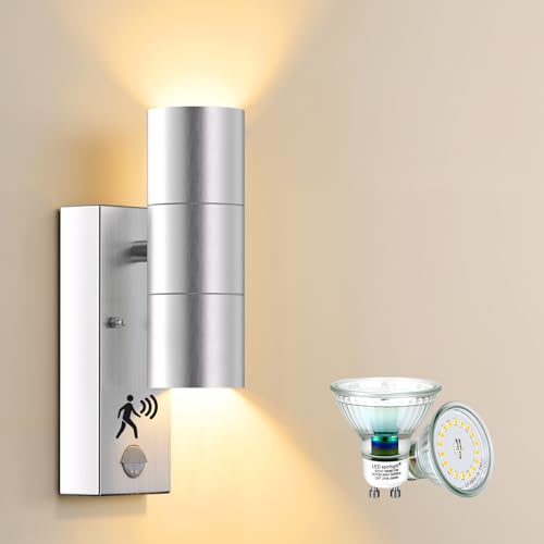Allesgute Outdoor Wall Lights Mains Powered PIR Motion Sensor IP44 Up Down Outside Wall Lights 240V Stainless Steel with 2X 5W GU10 Bulbs Warm White