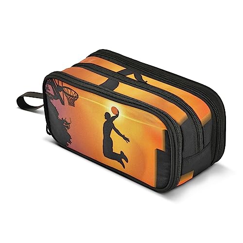 Image of Basketball Sport Pencil Case Big Capacity Handheld 3 Compartments Pencil Pouch Portable Large Storage Canvas Pencil Bag for Boys Girls Adults Students