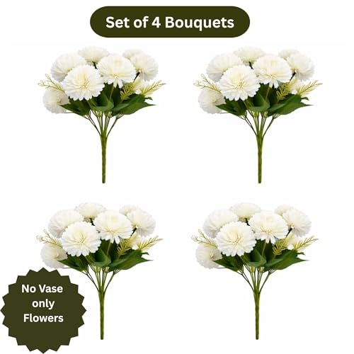 Image of Art Street Artificial Flower Bunch| Silk White Hydrangea Flower for Home| Bedroom, Living Room & Office Decoration |Christmas Day, New Year Set of 4 |11 Inch (Without Vase)