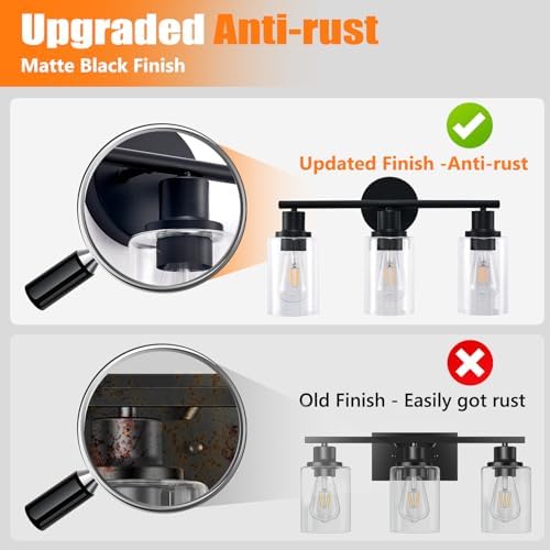 DLLT 3-Light Bathroom Light Fixtures: Set of 2 Black Modern Vanity Lights with Clear Glass Shade - 18.51" Bathroom Wall Lamp for Mirror Kitchen Living Room — view 3