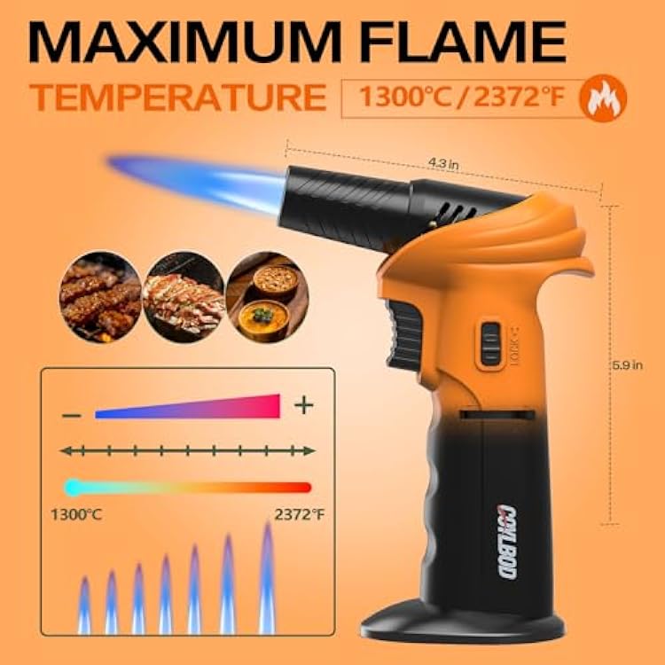Butane Torch Lighter, 0-90Rotating Angle Butane Lighter, Refillable Kitchen Torch with Safety Lock, Adjustable Flame for Soldering (Orange and Black)