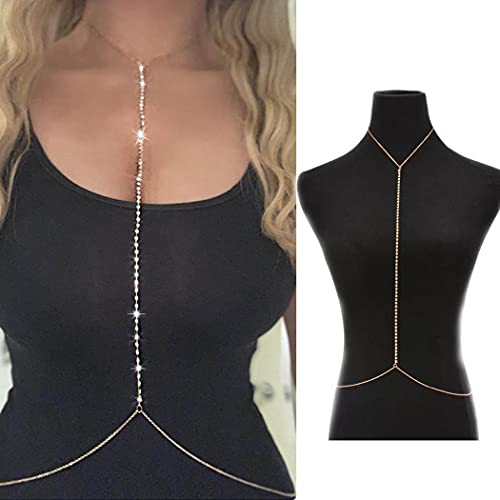 Bomine Rhinestone Body Chain Bra Crystal Bikini Body Jewelry Necklace Bikini Sexy Chains for Women and Girls (Gold) - Thumbnail 4