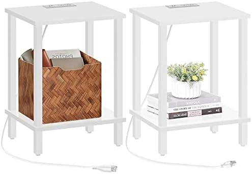 TUTOTAK End Table with Charging Station, Set of 2, Side Table with USB Ports and Outlets, Nightstand, 2-Tier Storage Shelf, Sofa Table for Small Space, Living Room, Bed Room TB01BW041