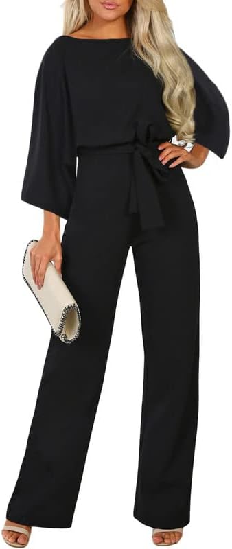 ASYOLYDokotoo Jumpsuits for Women Casual Loose Batwing Sleeve Dressy Crewneck Rompers Long Pants Belted Wide Leg Overall