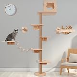 KKHAN Cat Tree with Hammock, Wood Cat Wall Furniture, 4-Tier Cat Activity Climbing Tower, 5 Cat Shel