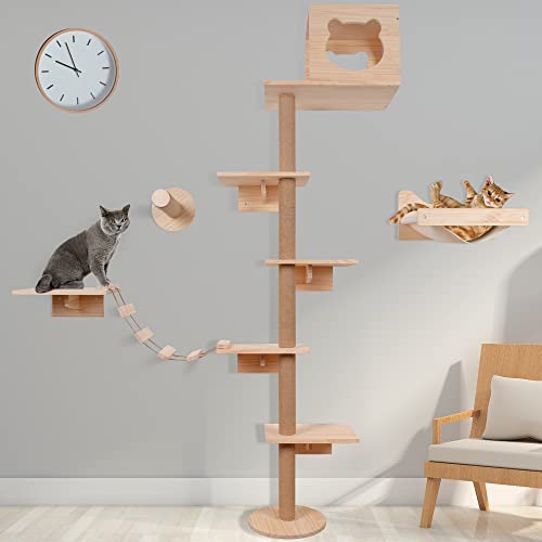 Kkhan Cat Tree With Hammock, Wood Cat Wall Furniture, 4-Tier Cat Activity Climbing Tower, 5 Cat Shelves, 5 Cat Scratching Post, 1 Cat Houses, 1 Cat Hammock, 1 Cat Ladders #TOP1