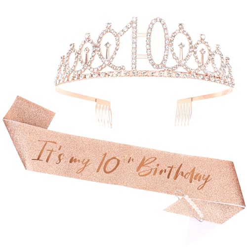 Casoty Rose Gold 10th Birthday Sash and Tiara, 10th Birthday Party Decorations for Girls, It's my Birthday Sash and Crown Set, Party Supplies Favors for Girls