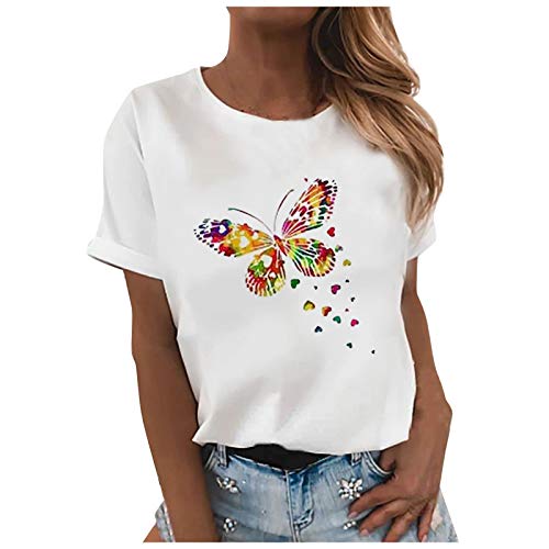 KAMEIMEI Camiseta de mujer de tallas grandes para verano, manga corta, túnica, informal, estampada, de manga corta, suelta, túnica, elegante, de algodón, camiseta estampada. Blanco, XXL grande Cover