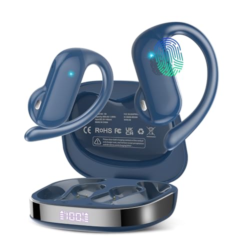 DUSONLAP Open-Ear Auriculare sem fios desportivos, auriculares Bluetooth 5.4 HiFi estéreo para corrida/ciclismo, 32H capacetes sem fios com microfone HD, ecrã LED, controlo tátil, azul